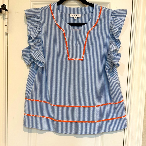 THML Tops - THML Blue Striped V-Neck Sleeveless Blouse w/ Ruffles Size Med